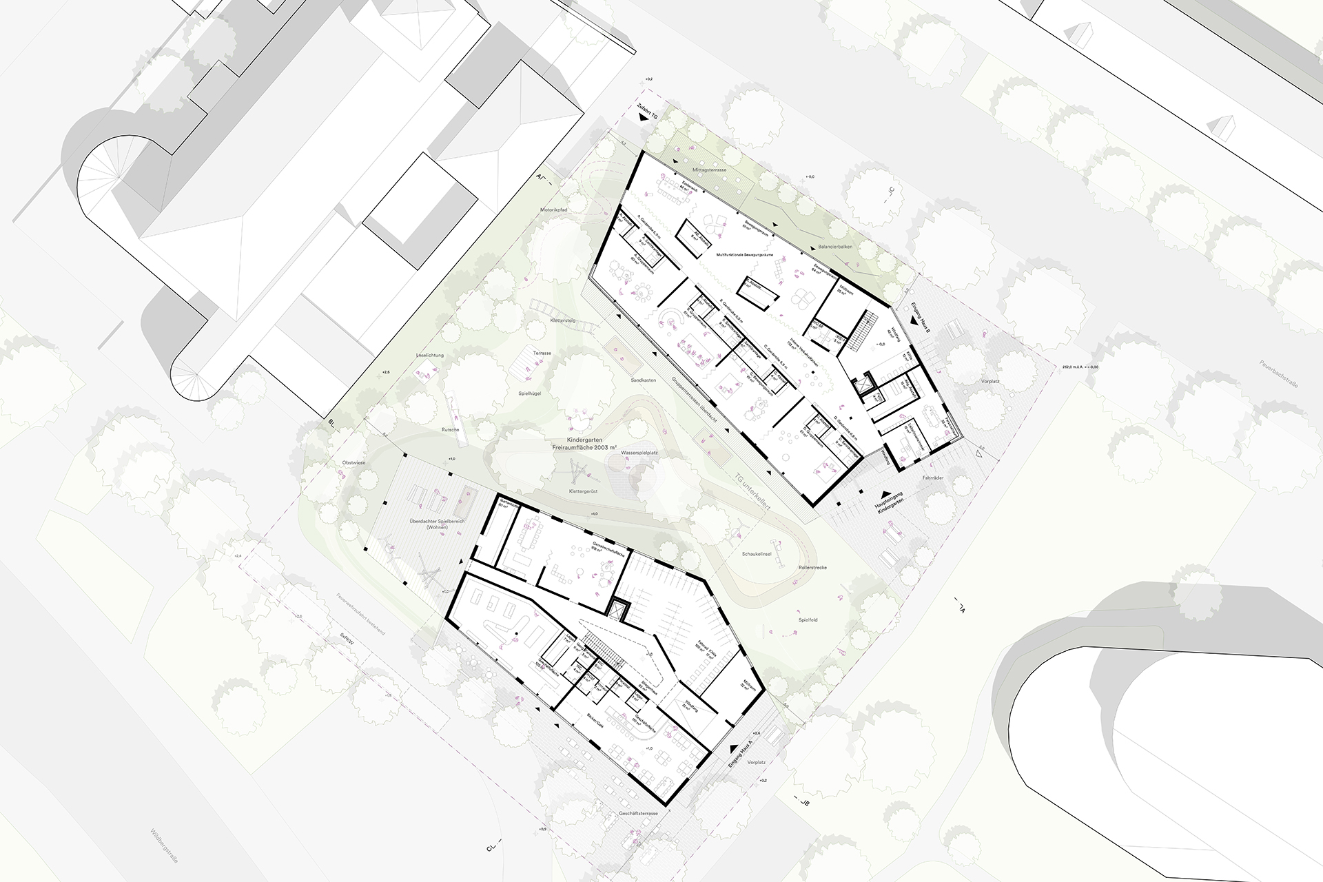 2.Preis: Wettbewerb Wohnbau & Kindergarten Pfarre Christkönig, Linz